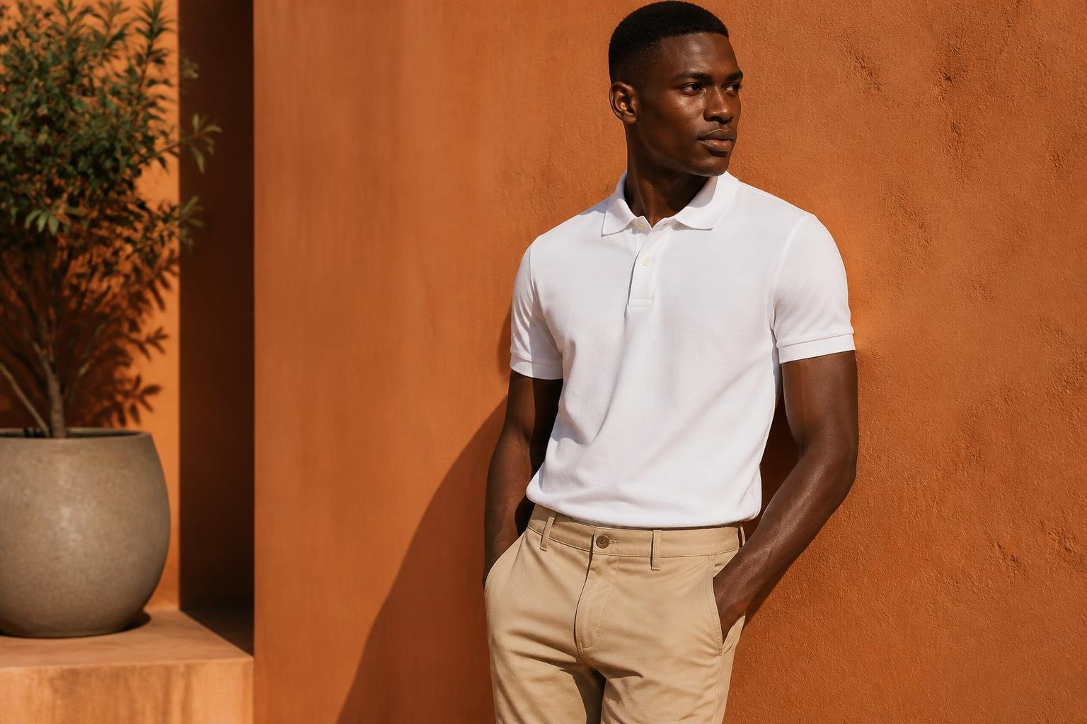 Homme portant un polo blanc et un chino beige de Cheick Shop